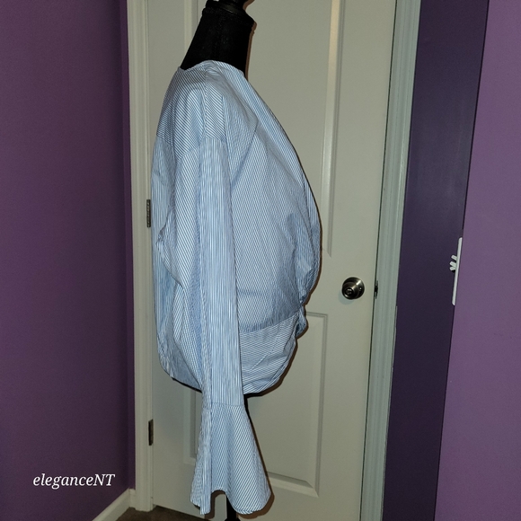 Fashion to Figure Blue/White Pinstripe knot Front L/S wrap shirt  Sz: 0X NWT - Picture 7 of 9